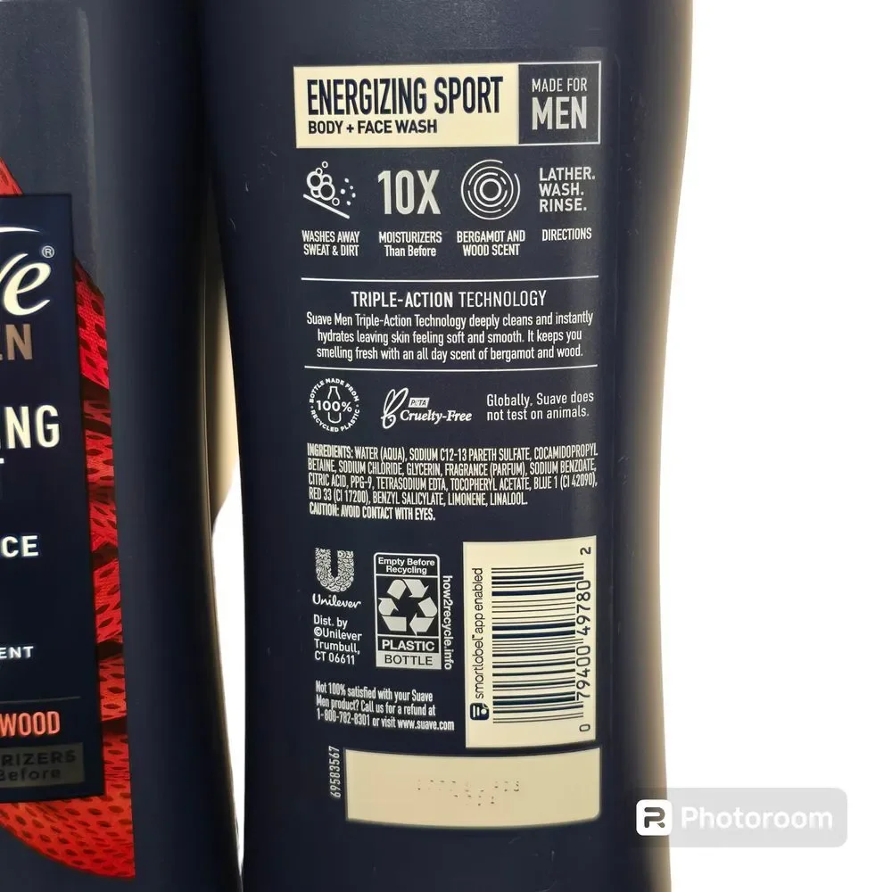 Suave Energizing Sport‎ Body and Face Wash Bergamont and Wood 18 oz.